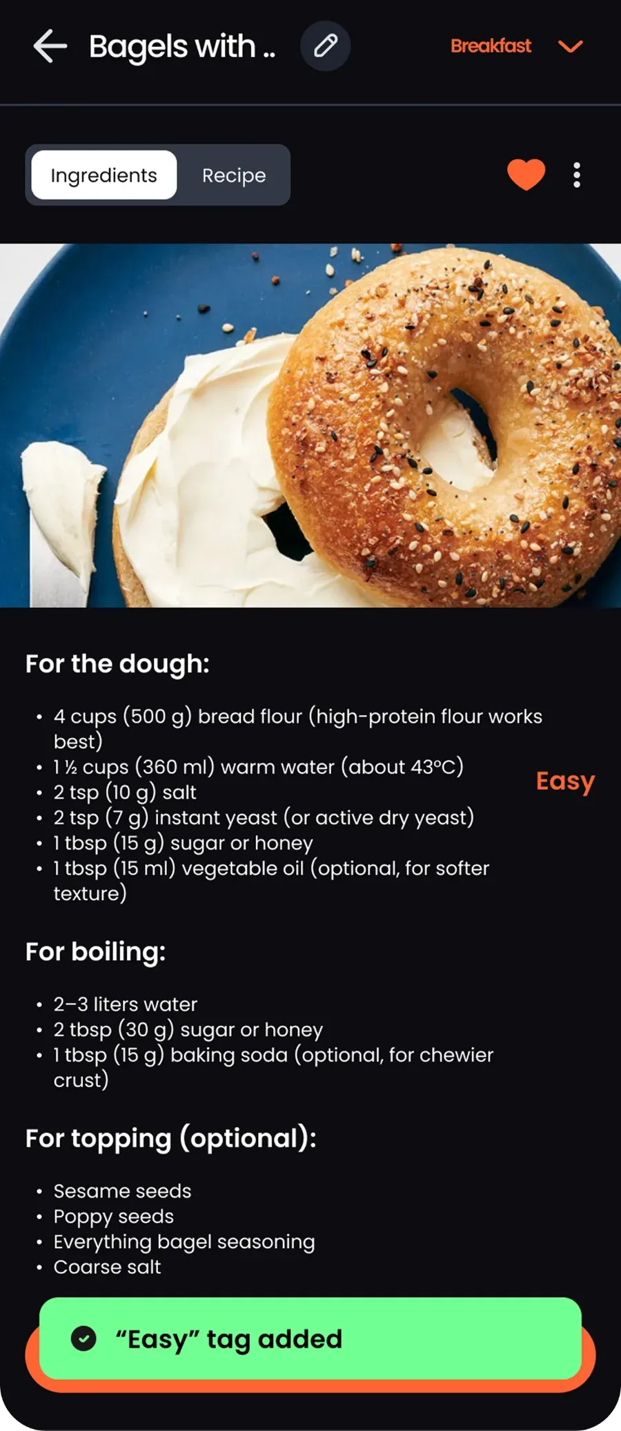Recipe detail with an Easy tag added