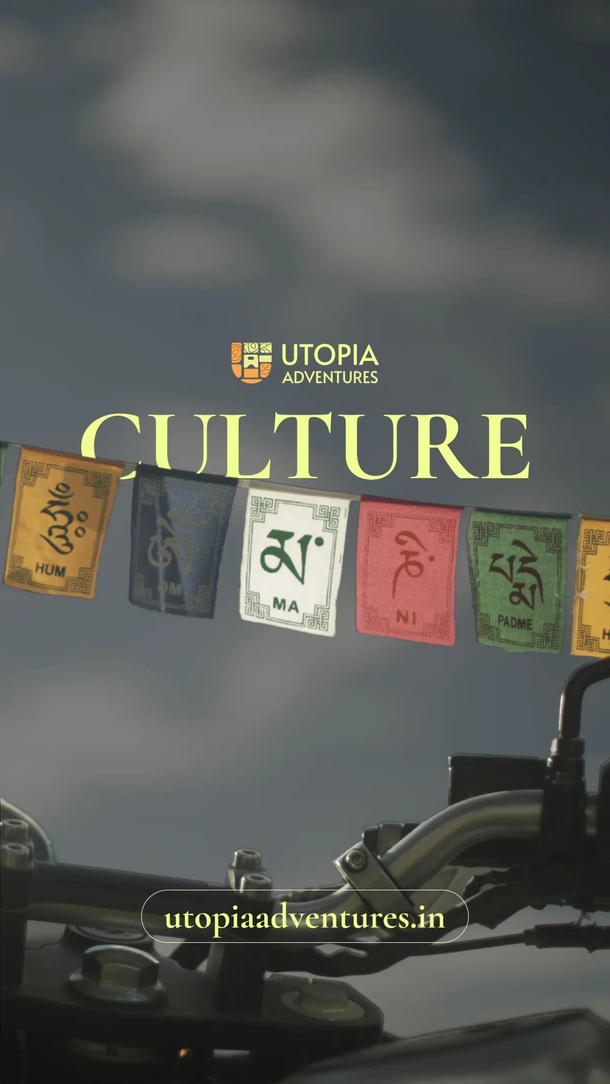 Culture: prayer flags over a motorcycle's handlebars