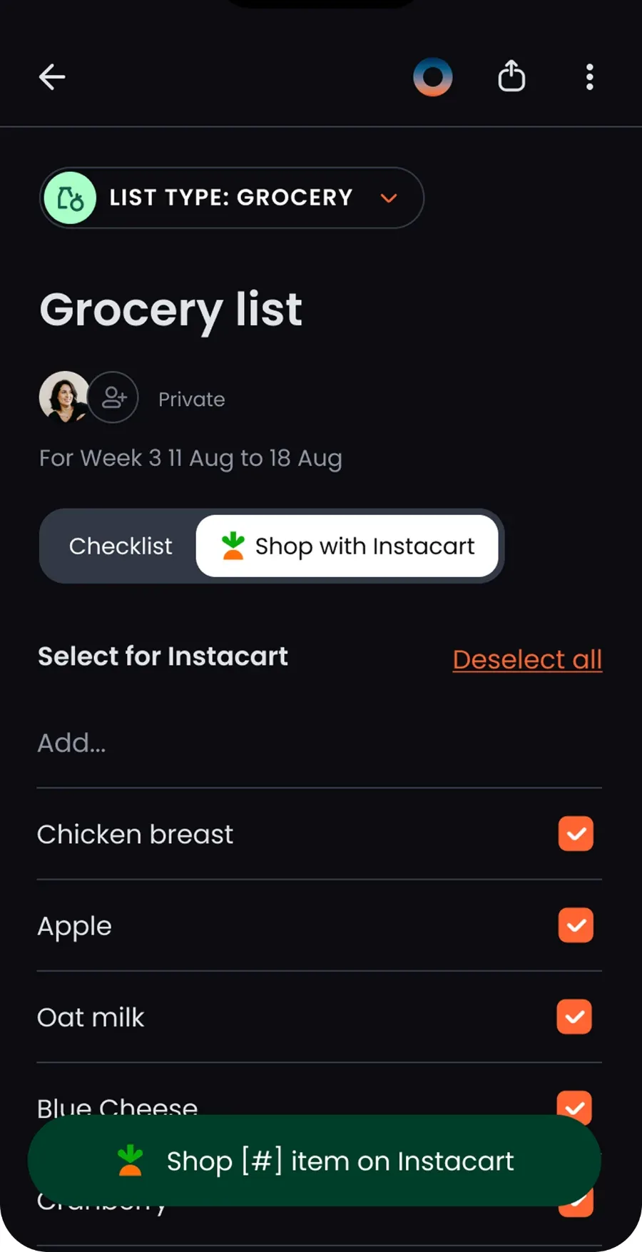 Grocery list with items selected to shop on Instacart