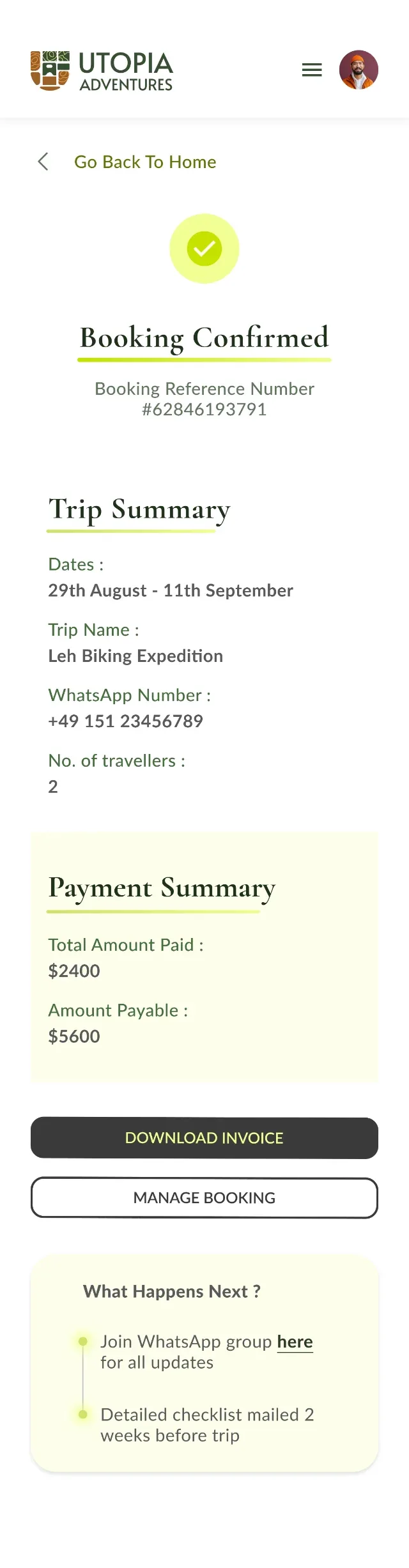Booking confirmed screen on mobile