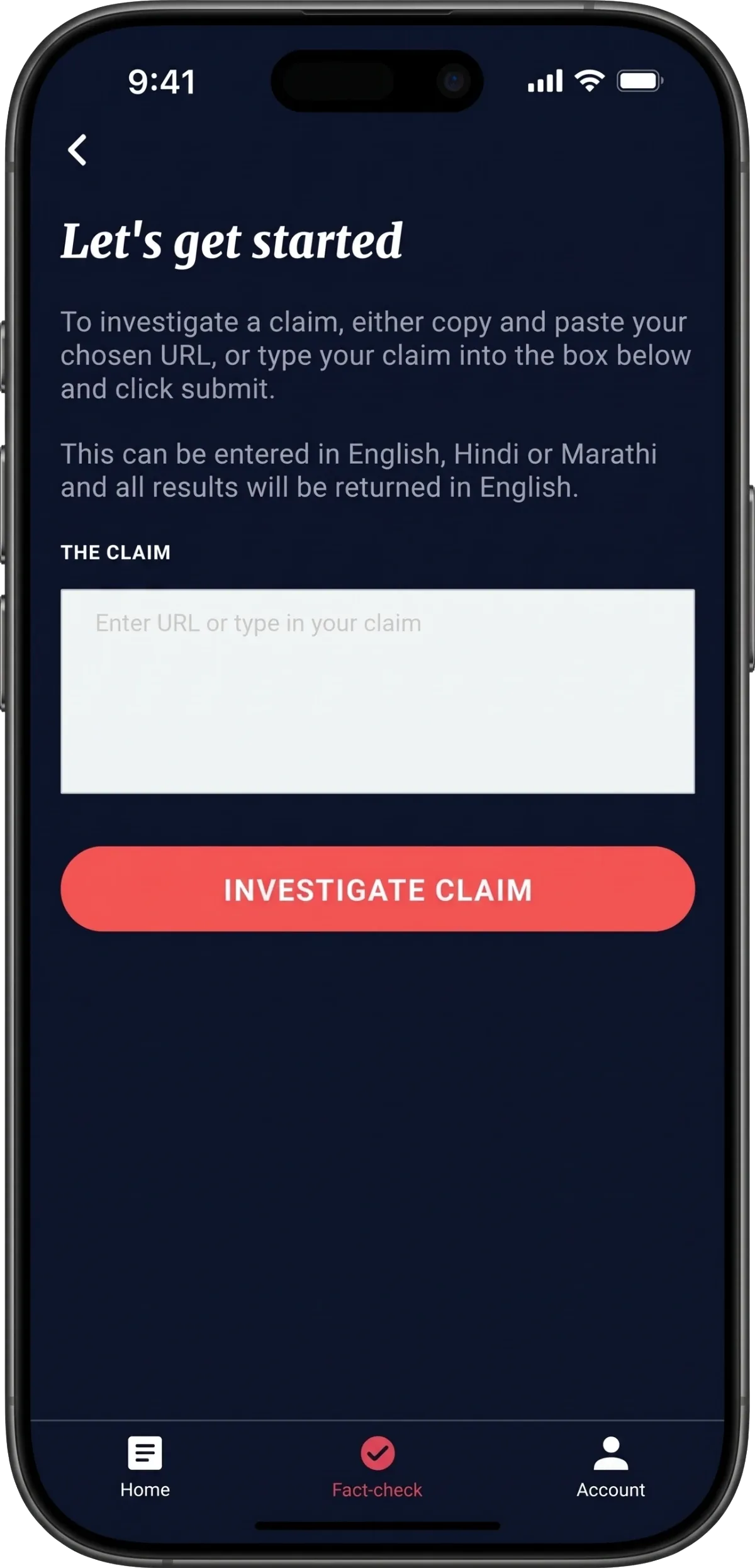 Submitting a claim: paste a link or text for Logically to investigate