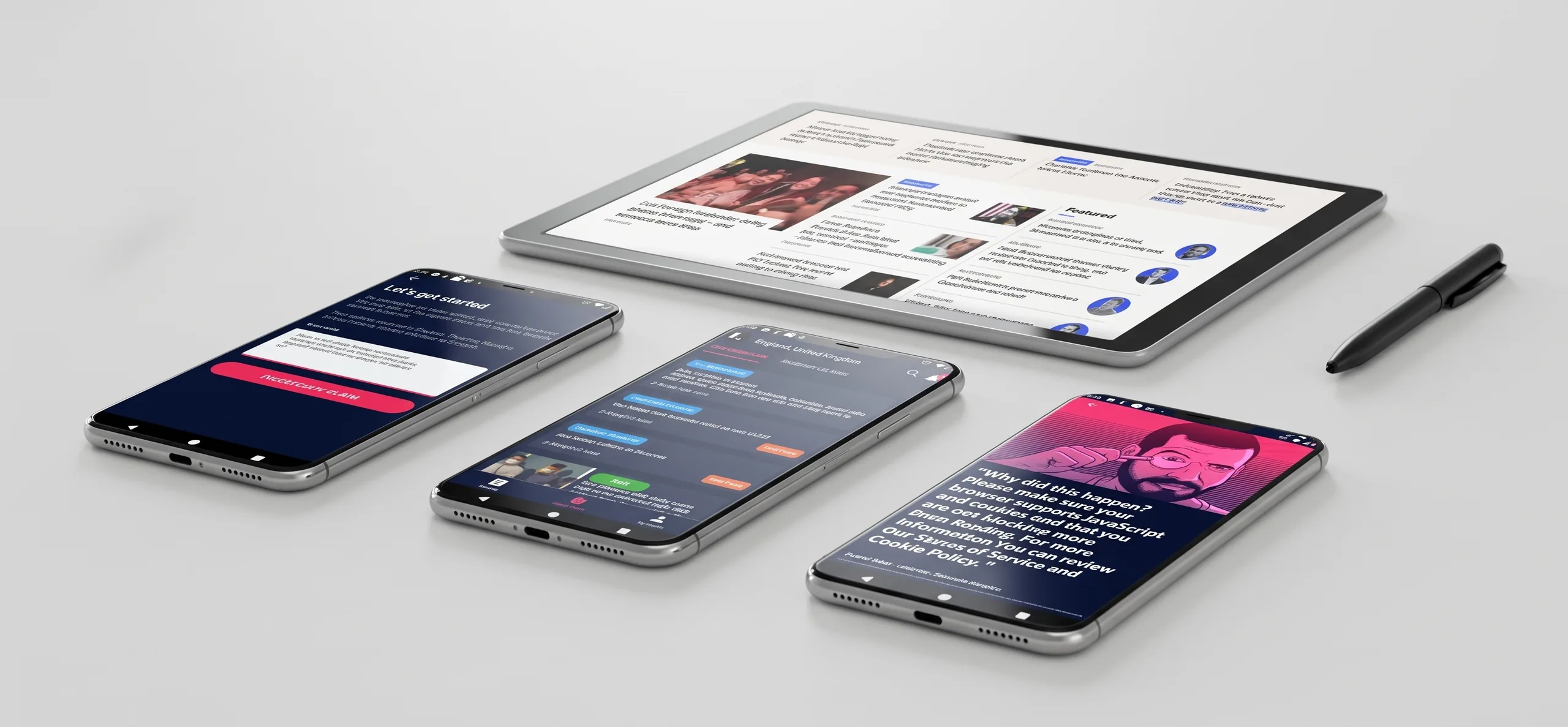 The Logically platform shown on a tablet and three phones