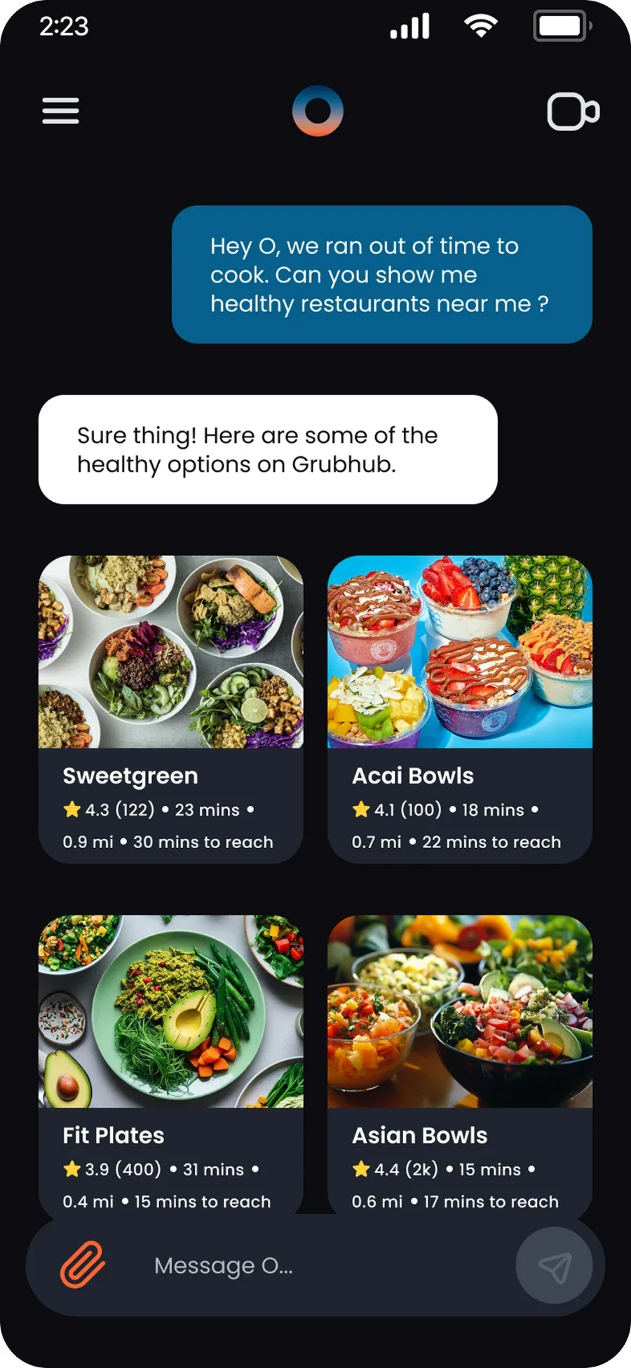 Chat with O: a request for healthy restaurants nearby returns delivery options