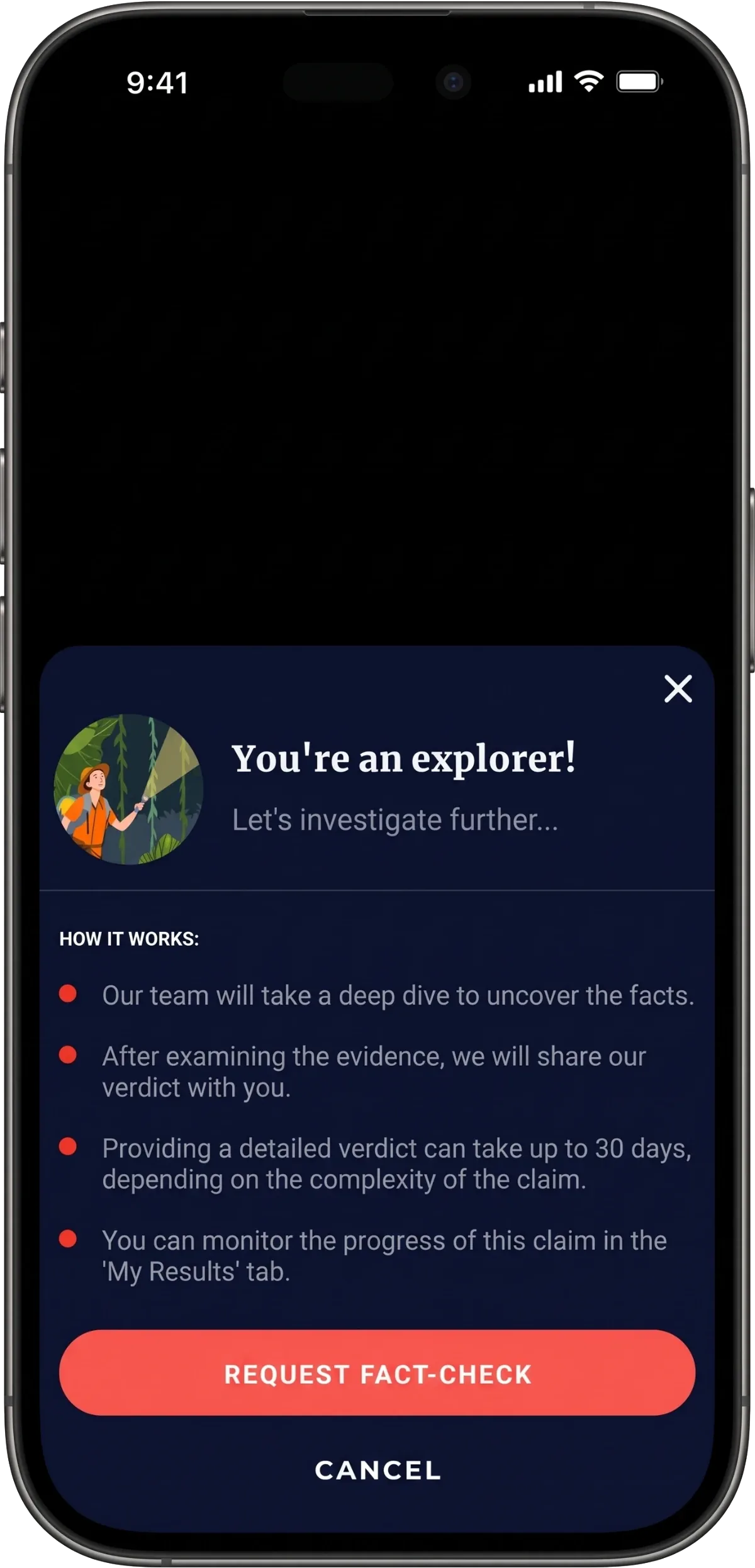 Onboarding prompt explaining how a fact-check request works