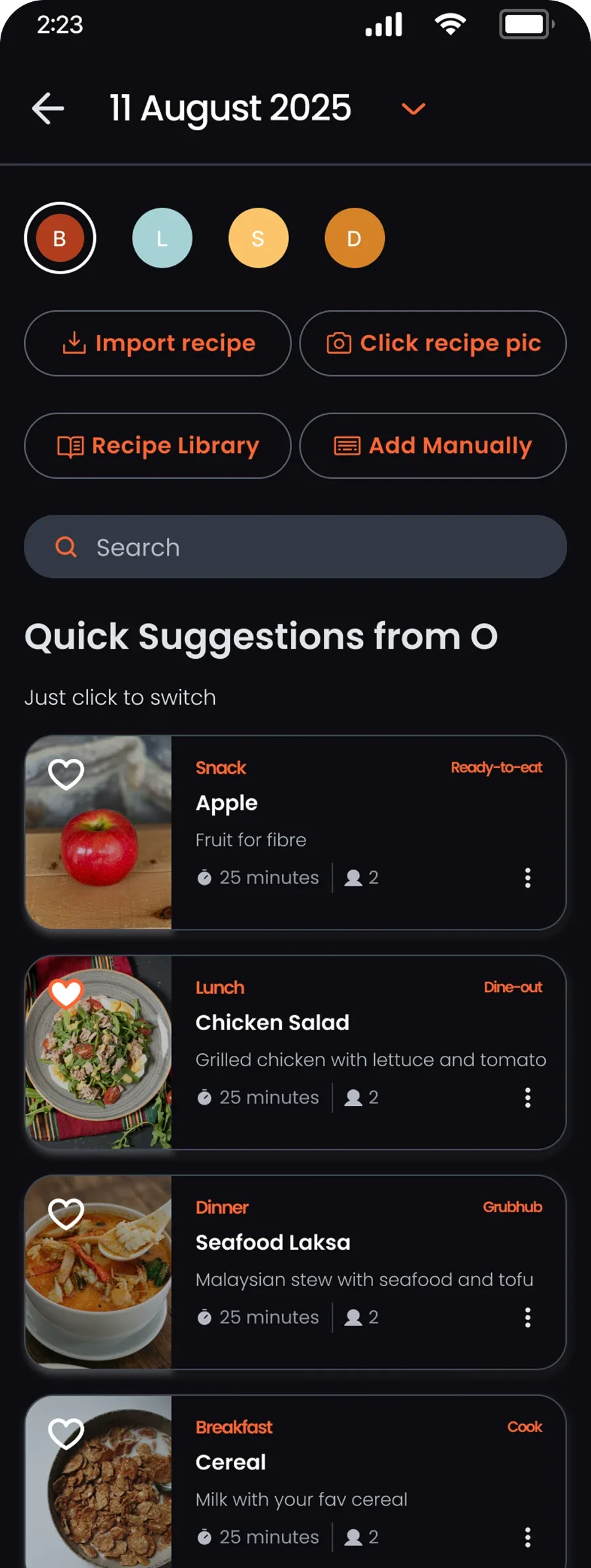 Editing a day's meals with quick suggestions from O