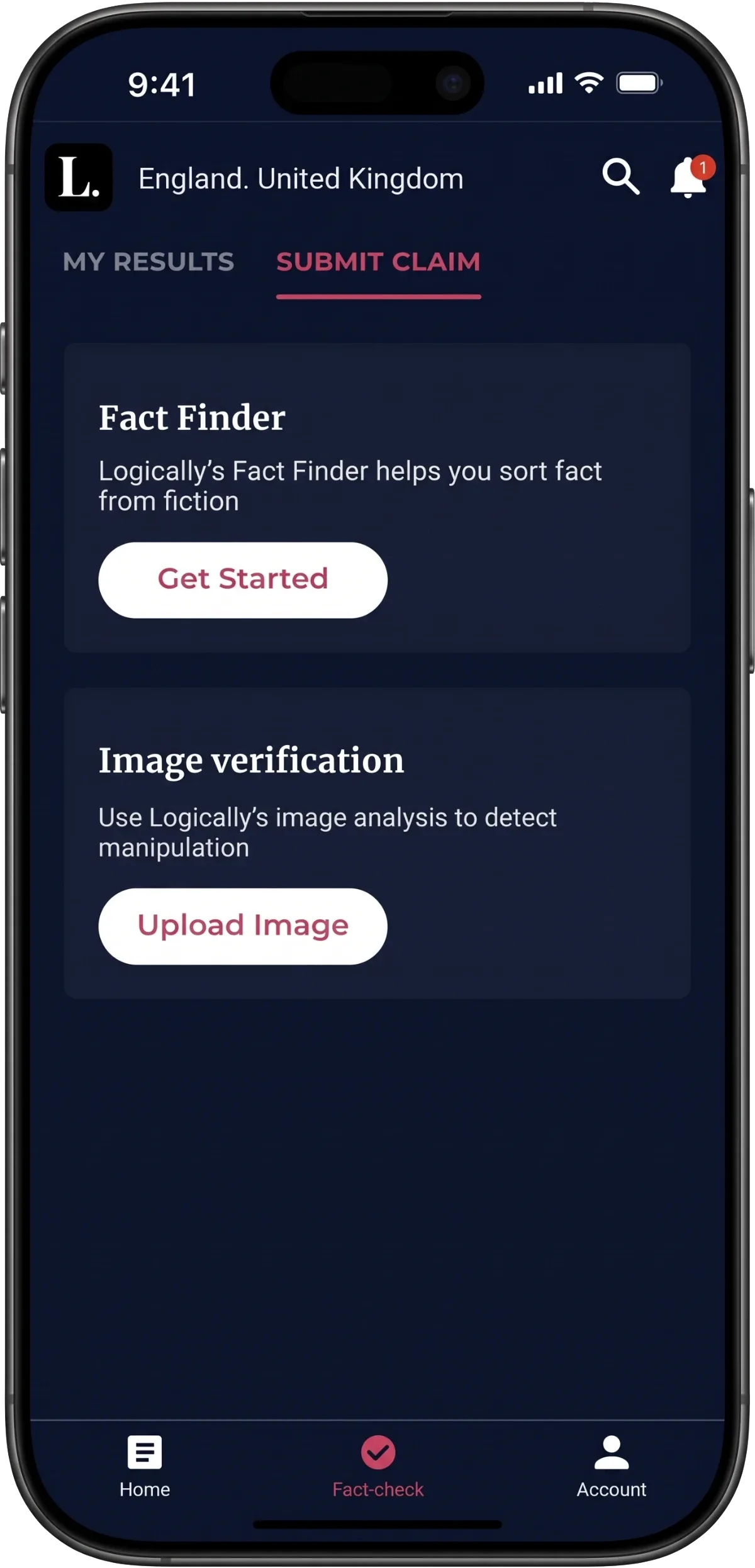 Logically app home with the Fact Finder and Image verification tools