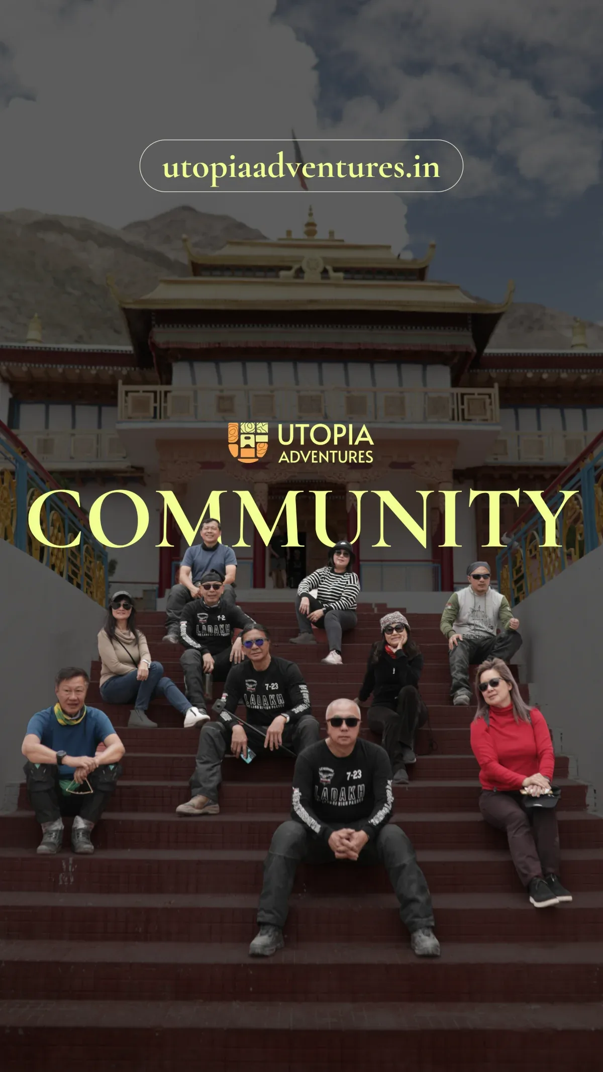 Community: riders gathered on monastery steps in Ladakh