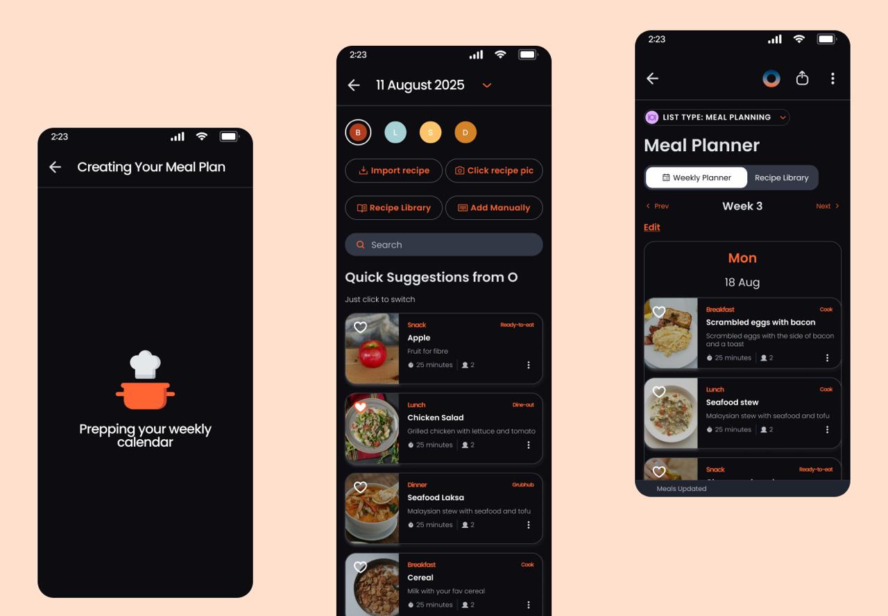 OHAI app screens showing how everyday requests are turned into organized tasks, events and plans.
