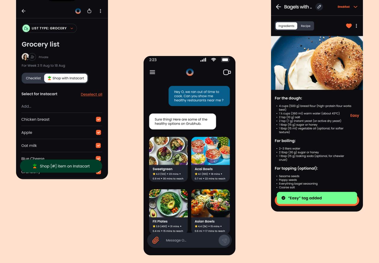OHAI screens showing a shared grocery list, an assistant chat suggesting nearby restaurants and a recipe detail view.