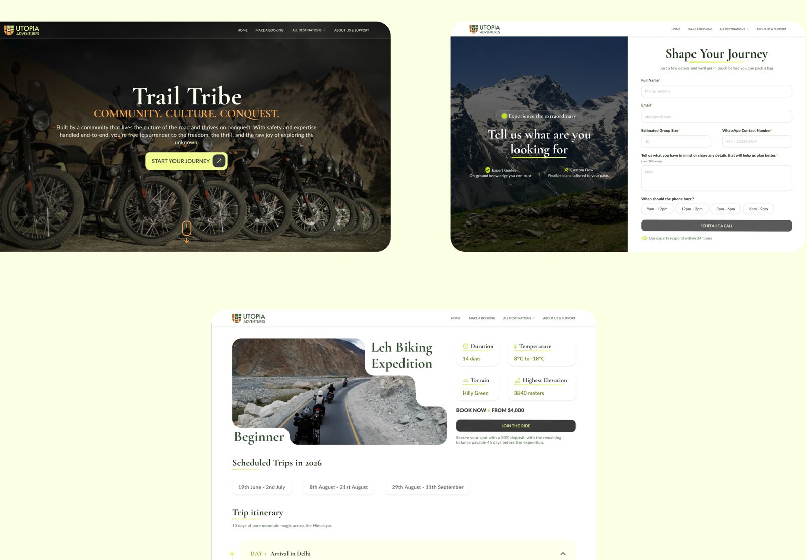 Utopia Adventures website screens showing the Trail Tribe landing page, a call booking form and an expedition detail page.