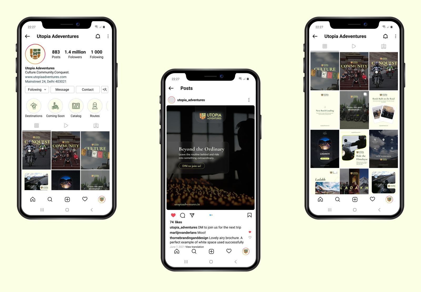 Three phone mockups showing the Utopia Adventures social presence: the profile with story highlights, a campaign post and the feed grid.