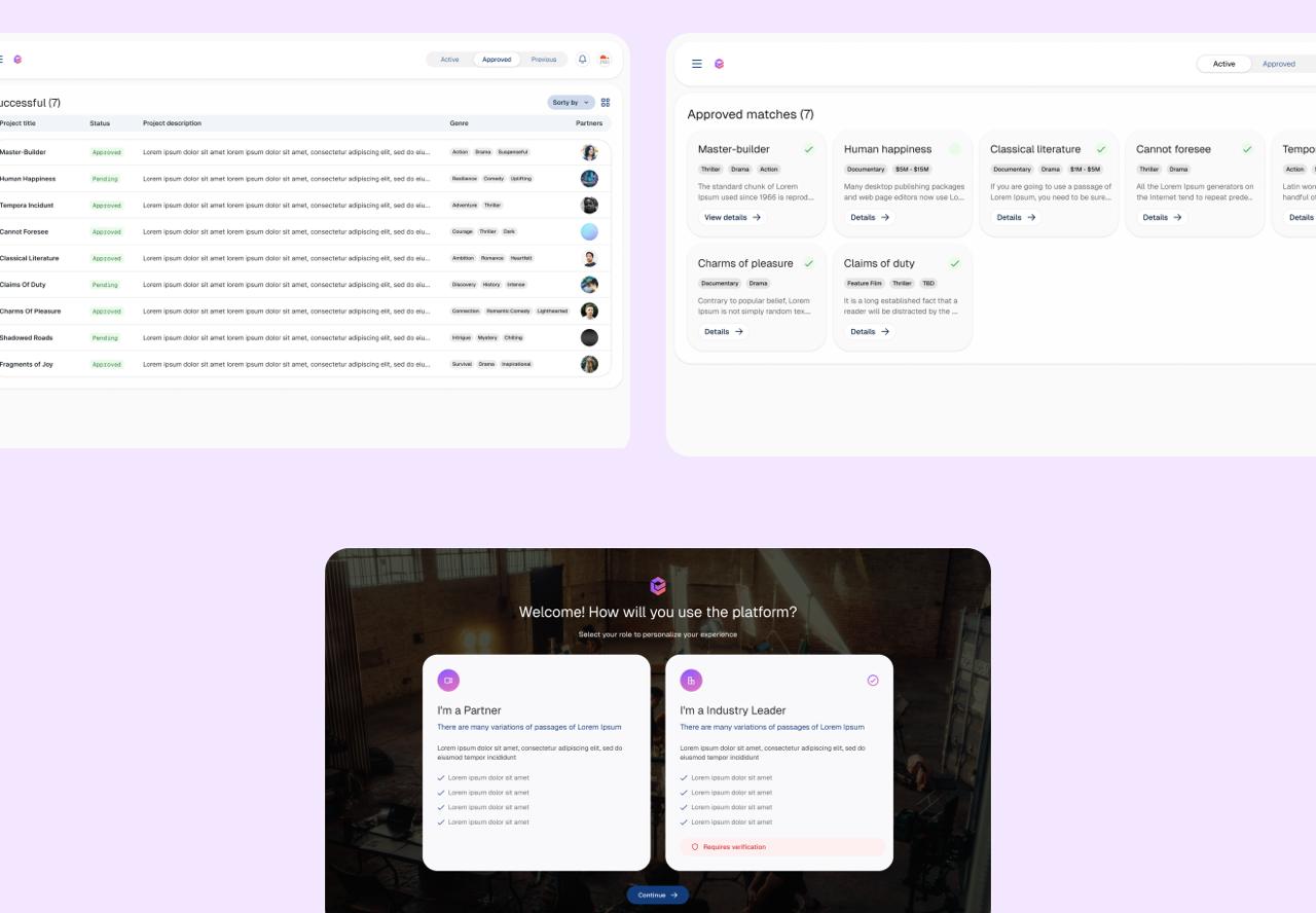 Redesigned platform screens showing a project list with approval statuses, a matches card view and an onboarding step for selecting a role.