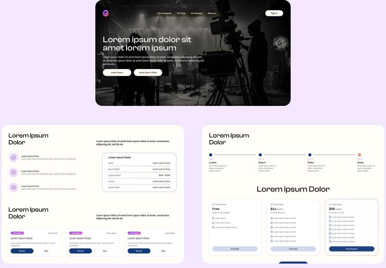 Redesigned platform pages: a dark cinematic landing hero with pill navigation, plus sections for features, onboarding steps, match cards and pricing plans.