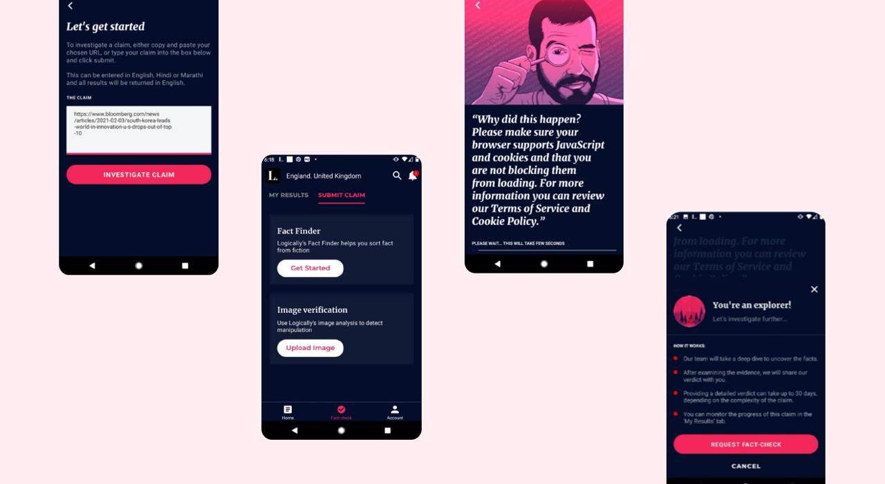 Four Logically app screens: the claim submission form, the Fact Finder and image verification tools, an illustrated loading state, and the request fact-check panel explaining how the review works.