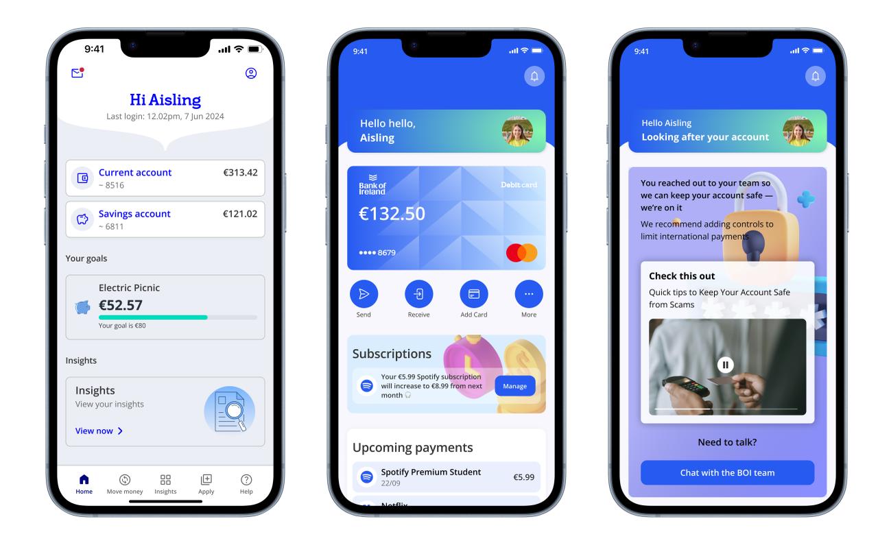 Three mobile banking screens showing an account overview with savings goals, a card and payments home with subscriptions, and an account safety support view.